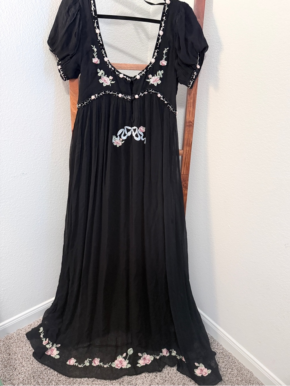 For Love & Lemons Rosemarie Black Maxi Dress with Pink Floral & Bows Embroidery - Picture 4 of 11